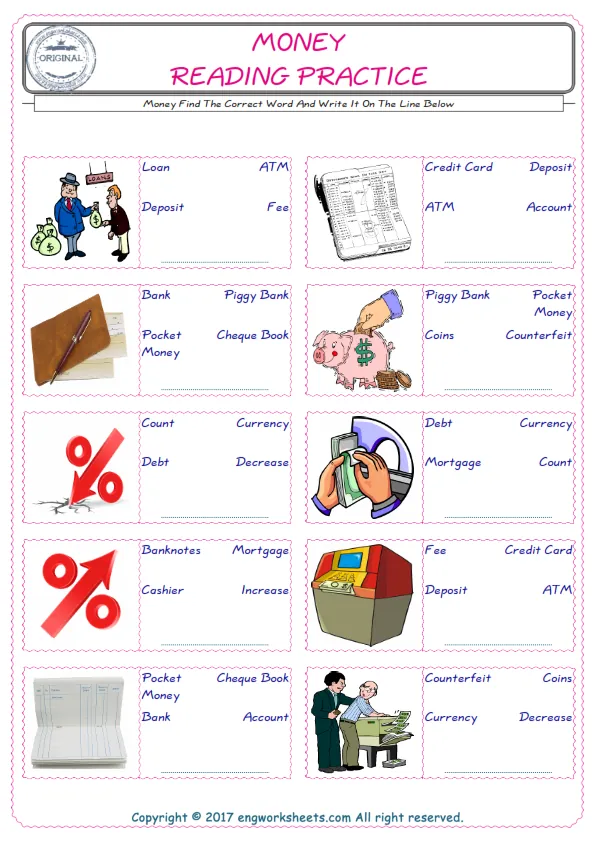 Check the picture of the Money for kids ESL worksheet for supplying the correct one among three words into the blank place. Worksheet Preview