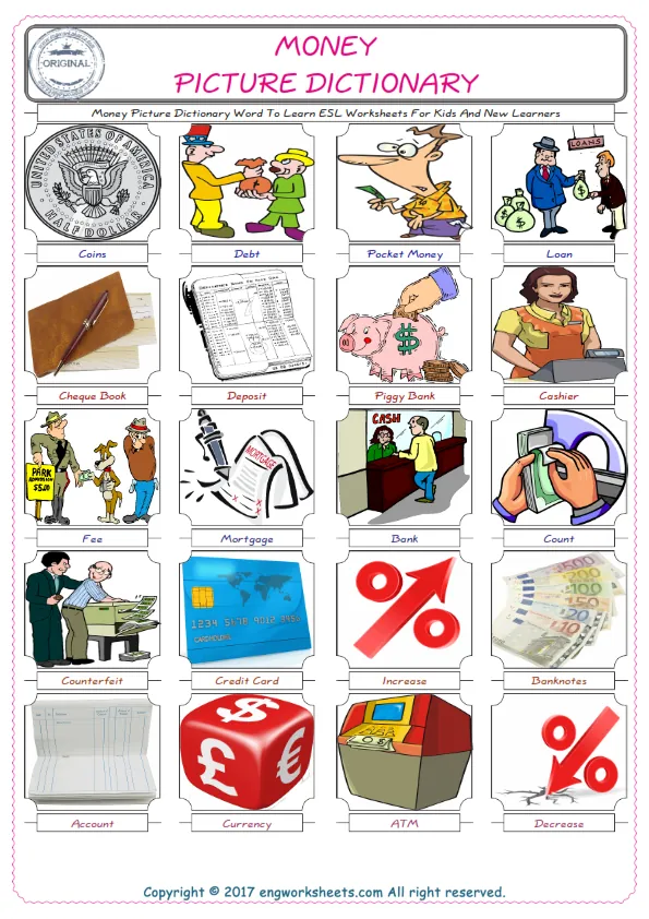 Money English Worksheet for Kids ESL Printable Picture Dictionary Worksheet Preview