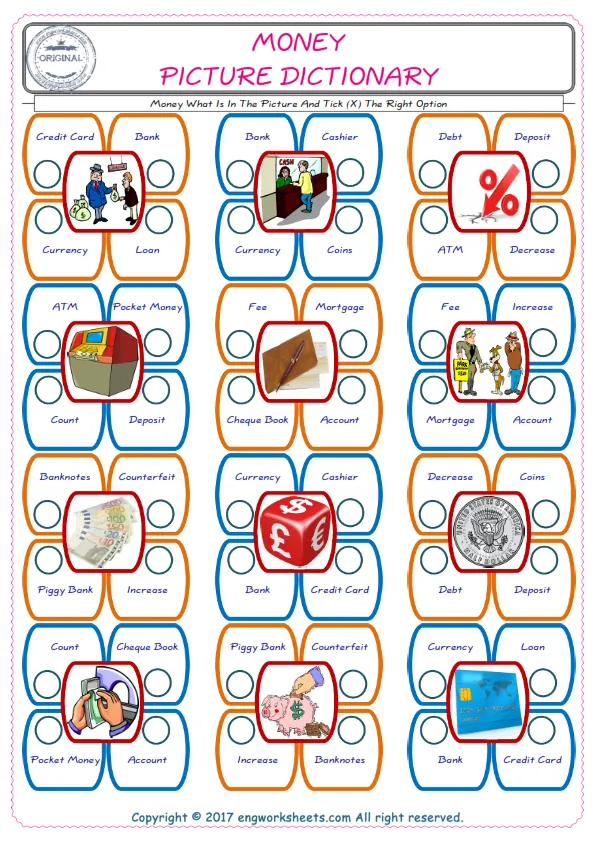 check the picture, mark the correct option amongst the given Money words English worksheet for kids Worksheet Preview