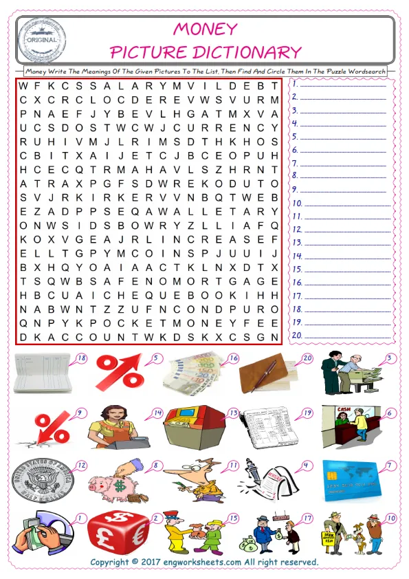 For kids, check the picture of Money find, and write the word and find it in the word puzzle ESL printable worksheet. Worksheet Preview