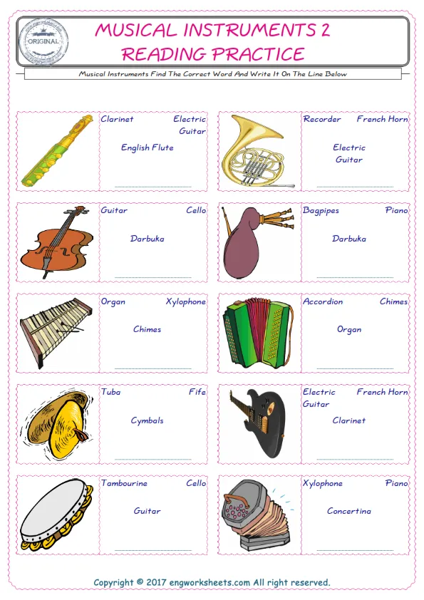 Check the picture of the Musical Instruments for kids ESL worksheet for supplying the correct one among four words into the blank place.