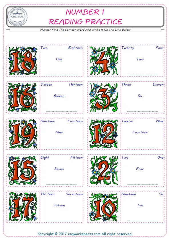 Check the picture of the Number for kids ESL worksheet for supplying the correct one among four words into the blank place. Worksheet Preview