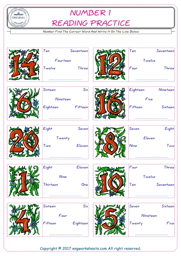 Check the picture of the Number for kids ESL worksheet for supplying the correct one among five words into the blank place. Worksheet Preview