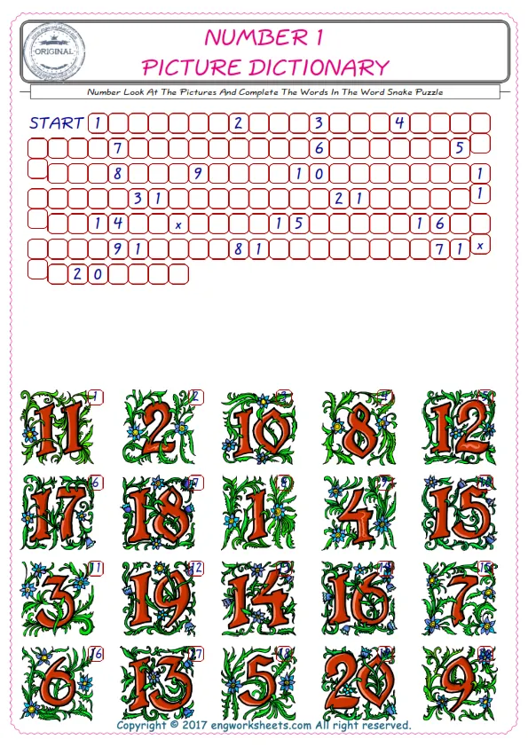 Check the Illustrations of Number english worksheets for kids, and Supply the Missing Words in the Word Snake Puzzle ESL play. Worksheet Preview