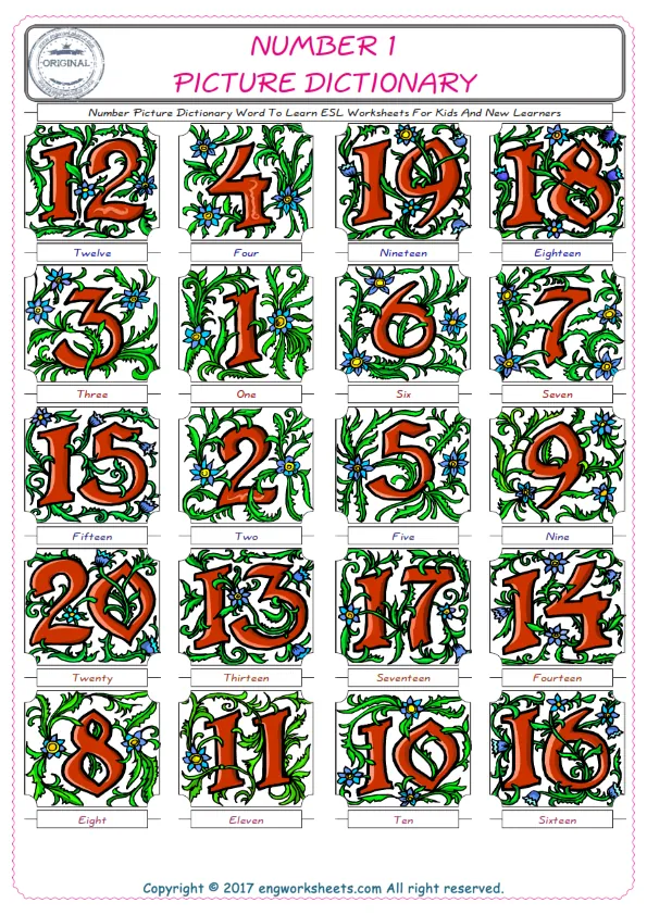 Number English Worksheet for Kids ESL Printable Picture Dictionary Worksheet Preview