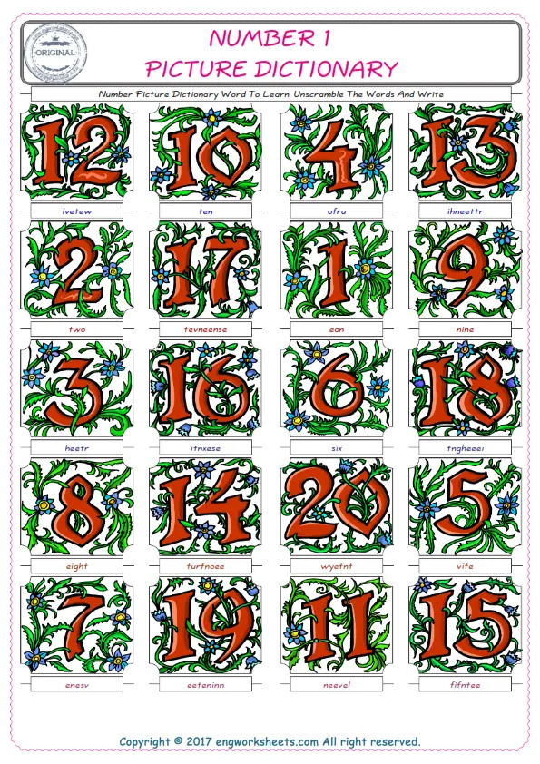 Number ESL Worksheets For kids, the exercise worksheet of finding the words given complexly and supplying the correct one. Worksheet Preview