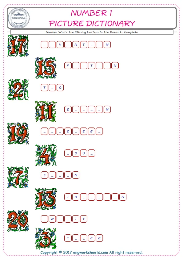 Type in the blank and learn the missing letters in the Number words given for kids English worksheet. Worksheet Preview