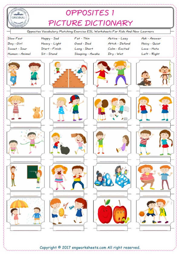 Opposites for Kids ESL Word Matching English Exercise Worksheet.