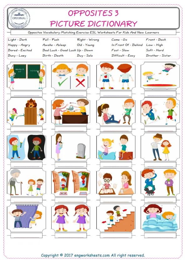 Opposites for Kids ESL Word Matching English Exercise Worksheet.