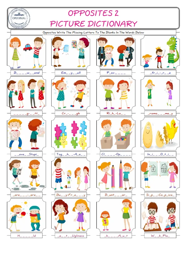 Opposites Words English worksheets For kids, the ESL Worksheet for finding and typing the missing letters of Opposites Words