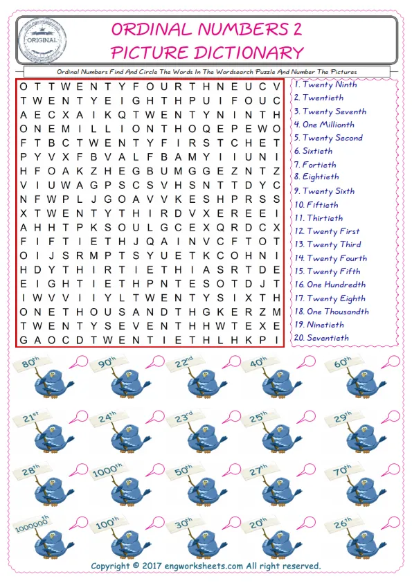 ESL wordsearch worksheets for kids, find Ordinal Numbers words in the word wordsearch write its number on its picture English worksheet. Worksheet Preview