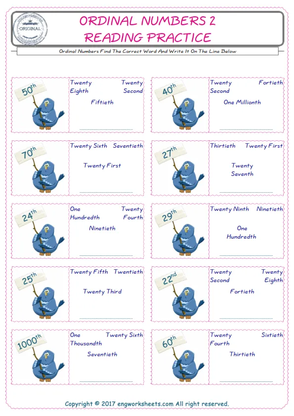 Check the picture of the Ordinal Numbers for kids ESL worksheet for supplying the correct one among four words into the blank place. Worksheet Preview