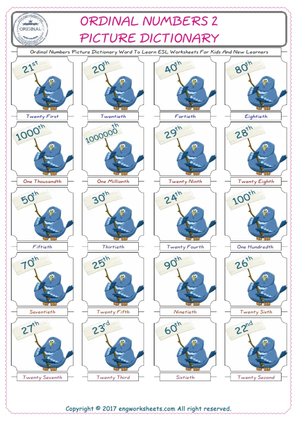 Ordinal Numbers English Worksheet for Kids ESL Printable Picture Dictionary Worksheet Preview