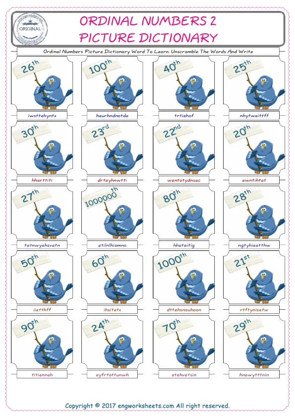 Ordinal Numbers ESL Worksheets For kids, the exercise worksheet of finding the words given complexly and supplying the correct one. Worksheet Preview