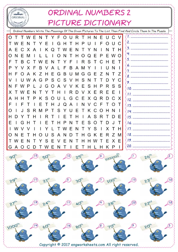 For kids, check the picture of Ordinal Numbers find, and write the word and find it in the word puzzle ESL printable worksheet. Worksheet Preview