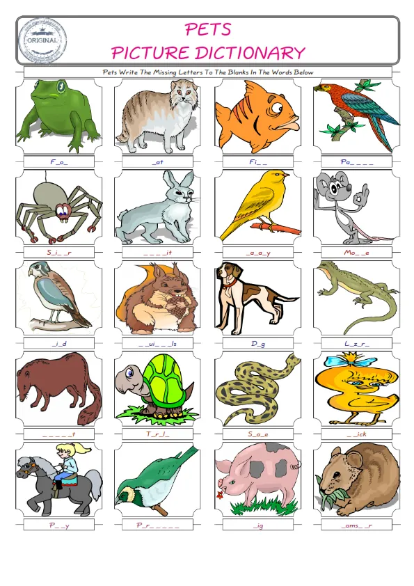 Pets Words English worksheets For kids, the ESL Worksheet for finding and typing the missing letters of Pets Words