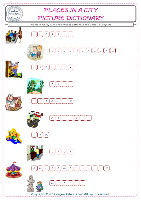 Type in the blank and learn the missing letters in the Places In A City words given for kids English worksheet.