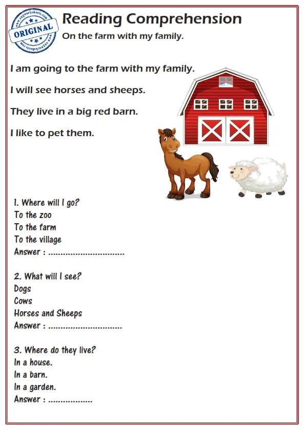 Reading Comprehension Worksheets - On the farm with my family. Worksheet Preview