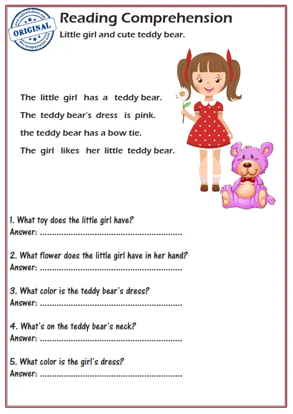 Reading Comprehension Worksheets - Little girl and cute teddy bear.