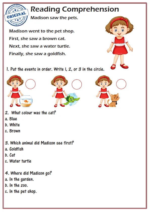 Reading Comprehension Worksheets - Madison saw the pets.