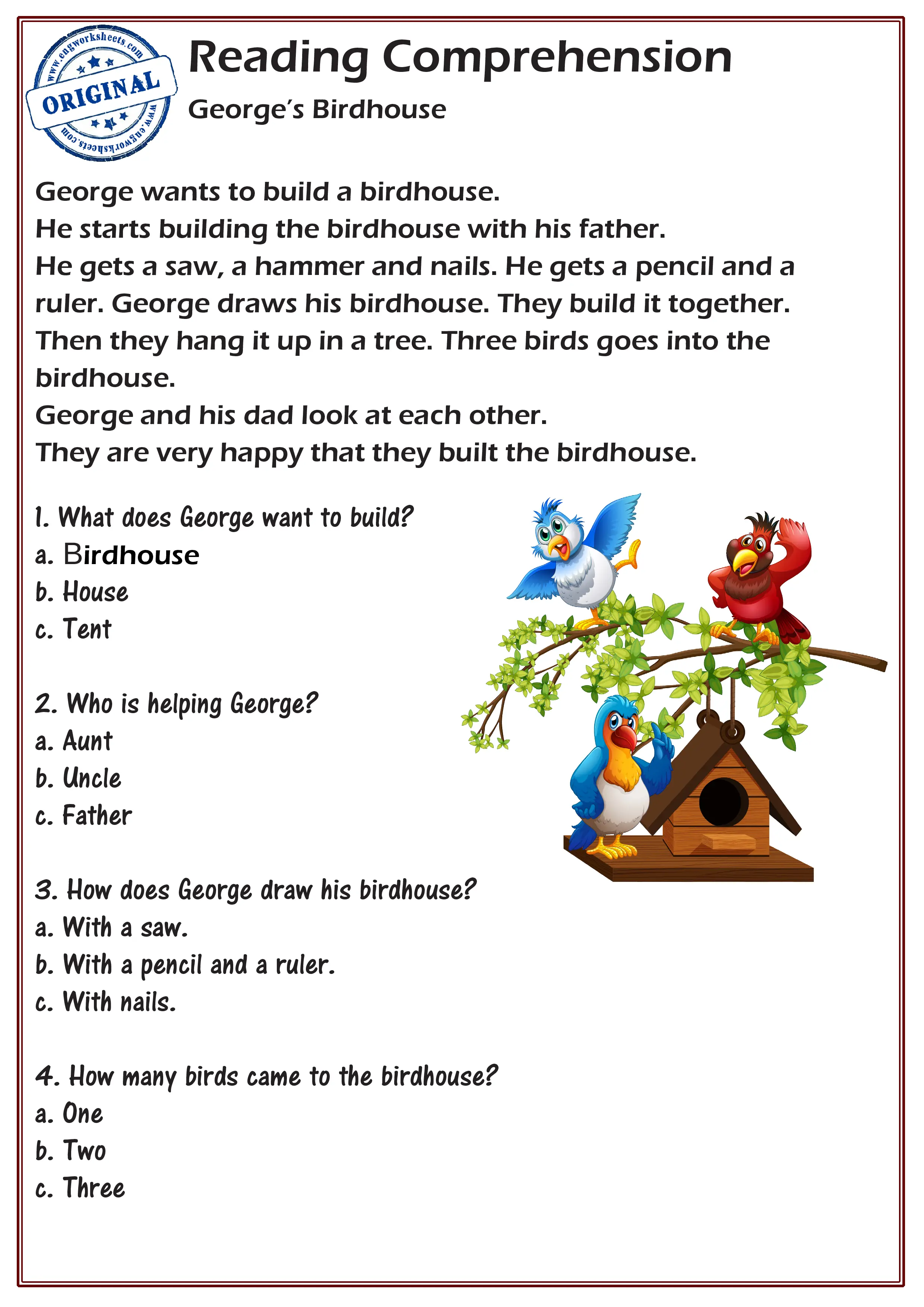 Reading Comprehension Worksheets - George's Birdhouse.