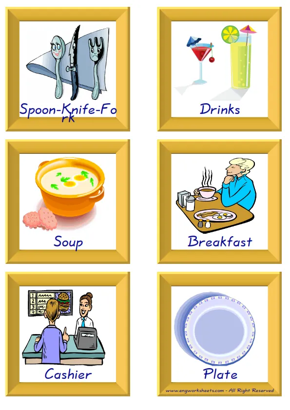 ESL Flashcard together with words containing Restaurant picture for kids and teachers.