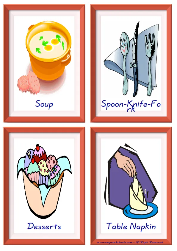 Quarter page ESL Flashcard together with words containing Restaurant picture for kids and teachers.