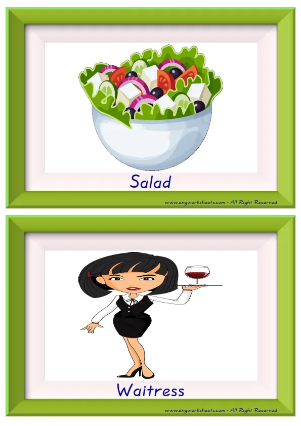 Half page ESL Flashcard together with words containing Restaurant picture for kids and teachers.