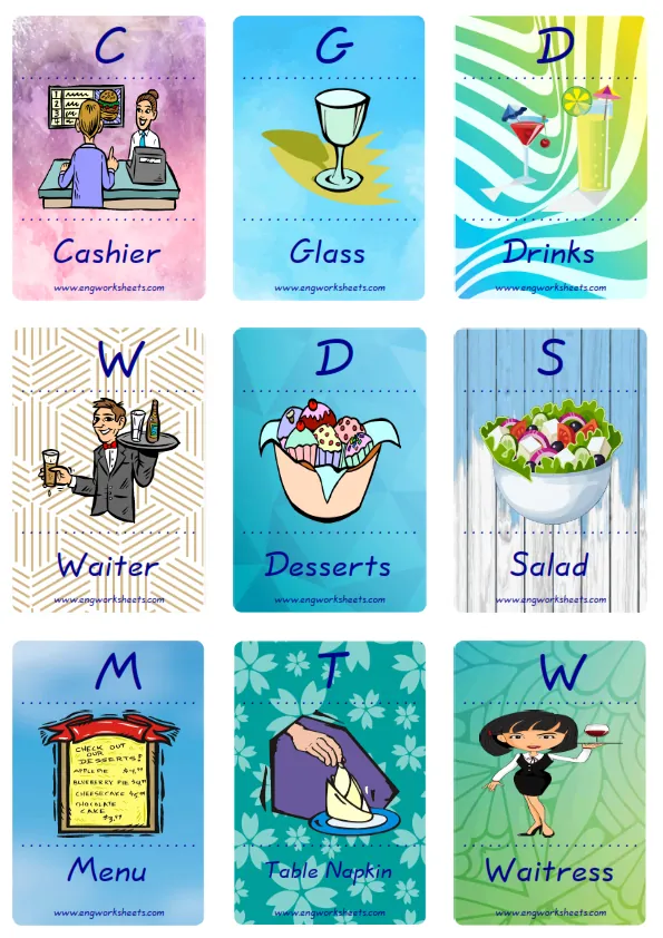 Mini size enjoyable ESL Flashcard Restaurant for kids and teachers.