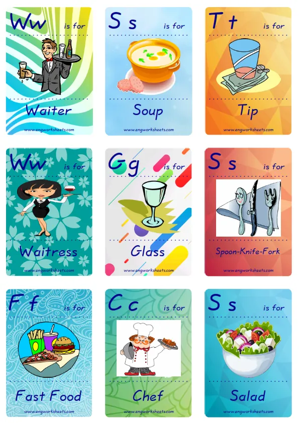 Mini size ESL Flashcard Restaurant for kids and teachers.