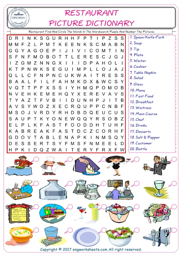 ESL wordsearch worksheets for kids, find Restaurant words in the word wordsearch write its number on its picture English worksheet. Worksheet Preview