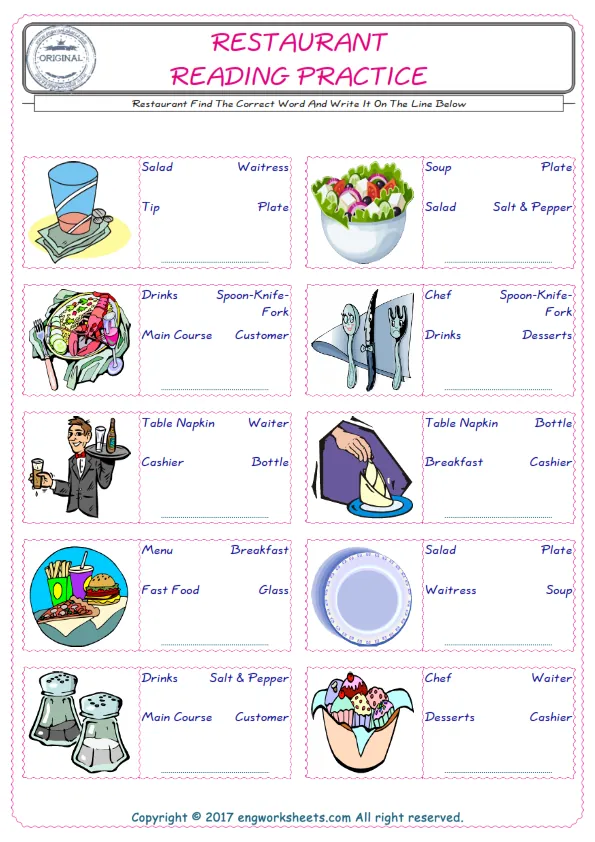 Check the picture of the Restaurant for kids ESL worksheet for supplying the correct one among three words into the blank place. Worksheet Preview