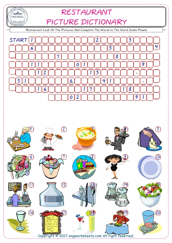 Check the Illustrations of Restaurant english worksheets for kids, and Supply the Missing Words in the Word Snake Puzzle ESL play. Worksheet Preview
