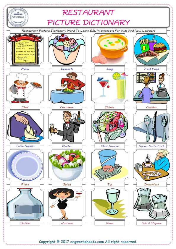 Restaurant English Worksheet for Kids ESL Printable Picture Dictionary Worksheet Preview