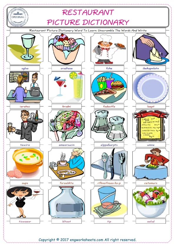 Restaurant ESL Worksheets For kids, the exercise worksheet of finding the words given complexly and supplying the correct one. Worksheet Preview