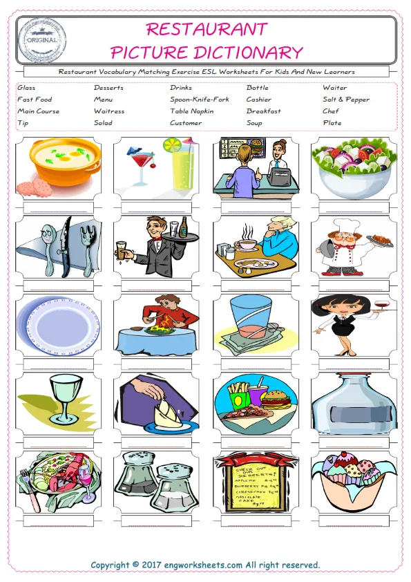 Restaurant for Kids ESL Word Matching English Exercise Worksheet. Worksheet Preview
