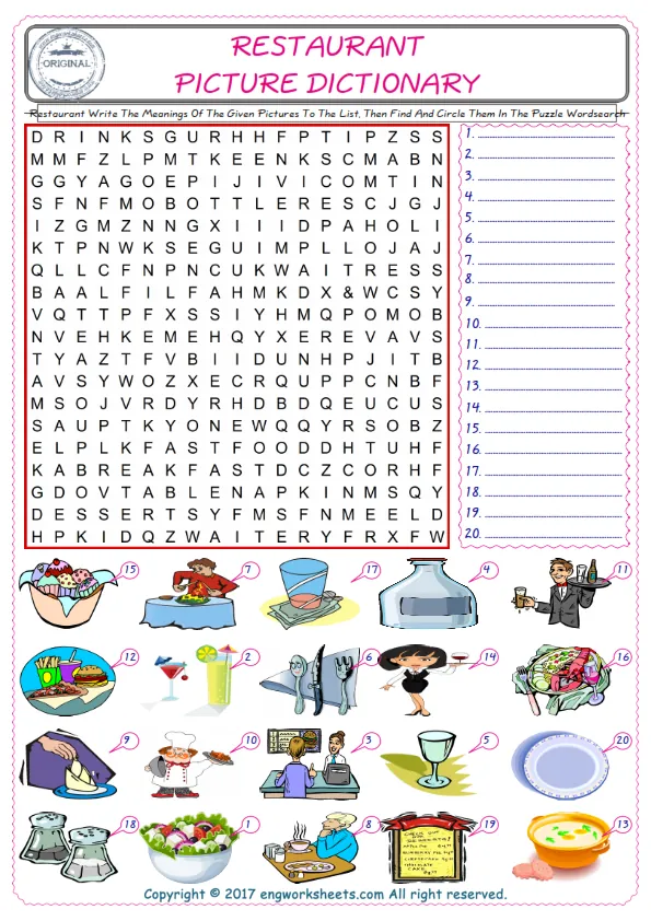 For kids, check the picture of Restaurant find, and write the word and find it in the word puzzle ESL printable worksheet. Worksheet Preview