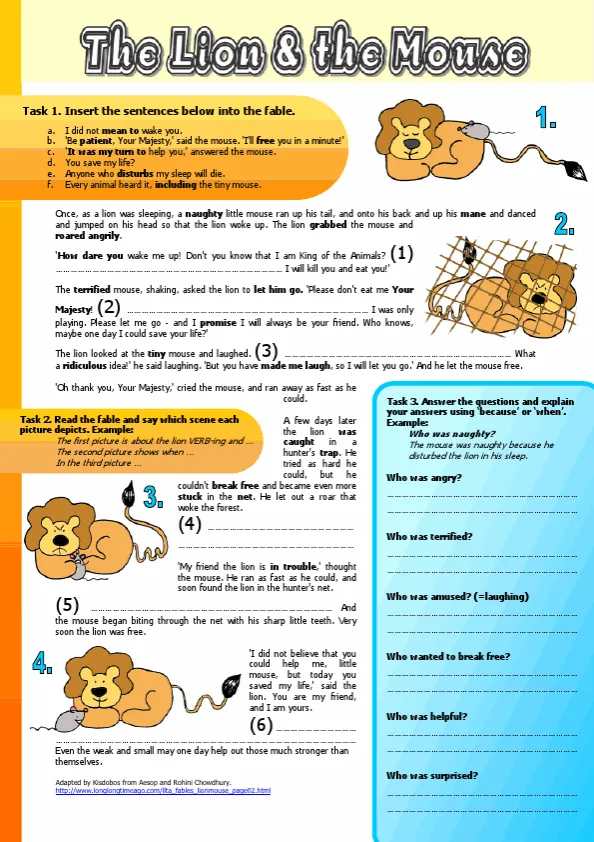 The Lion And The Mouse Fable. Reading Comprehension, Vocabulary Exercises Worksheet Preview