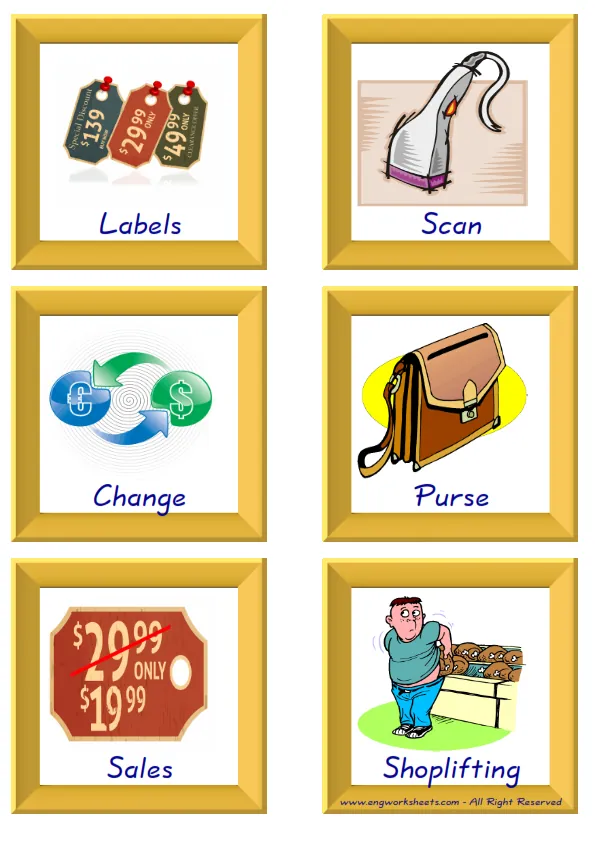 ESL Flashcard together with words containing Shopping picture for kids and teachers.