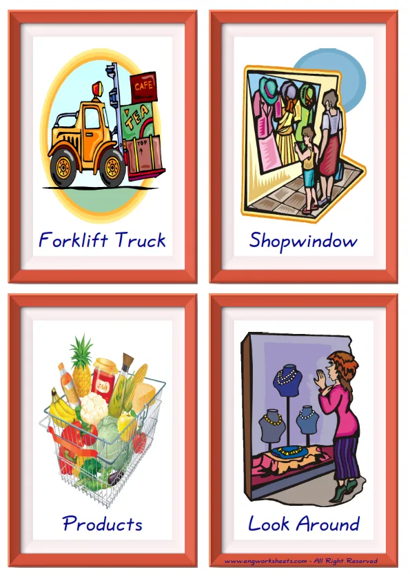 Quarter page ESL Flashcard together with words containing Shopping picture for kids and teachers.