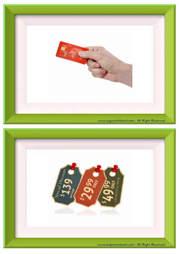 Half page ESL Flashcard without words containing Shopping picture for kids and teachers.