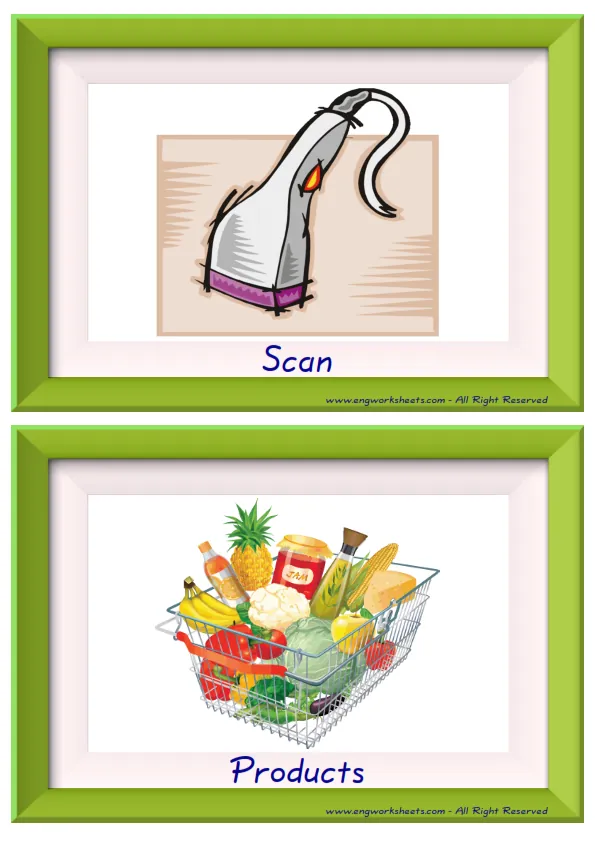 Half page ESL Flashcard together with words containing Shopping picture for kids and teachers.