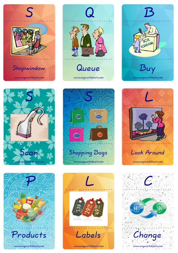 Mini size enjoyable ESL Flashcard Shopping for kids and teachers.