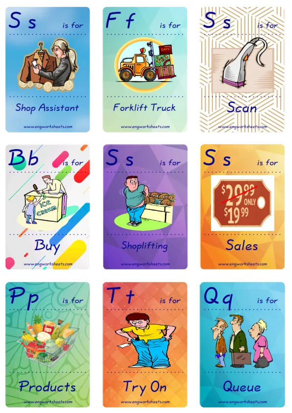 Mini size ESL Flashcard Shopping for kids and teachers.