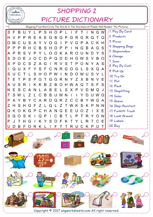 ESL wordsearch worksheets for kids, find Shopping words in the word wordsearch write its number on its picture English worksheet. Worksheet Preview
