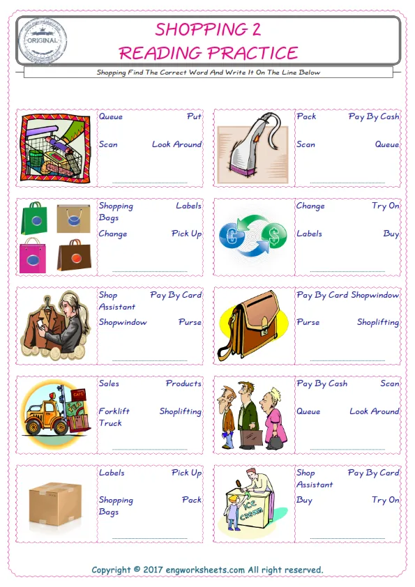 Check the picture of the Shopping for kids ESL worksheet for supplying the correct one among three words into the blank place. Worksheet Preview