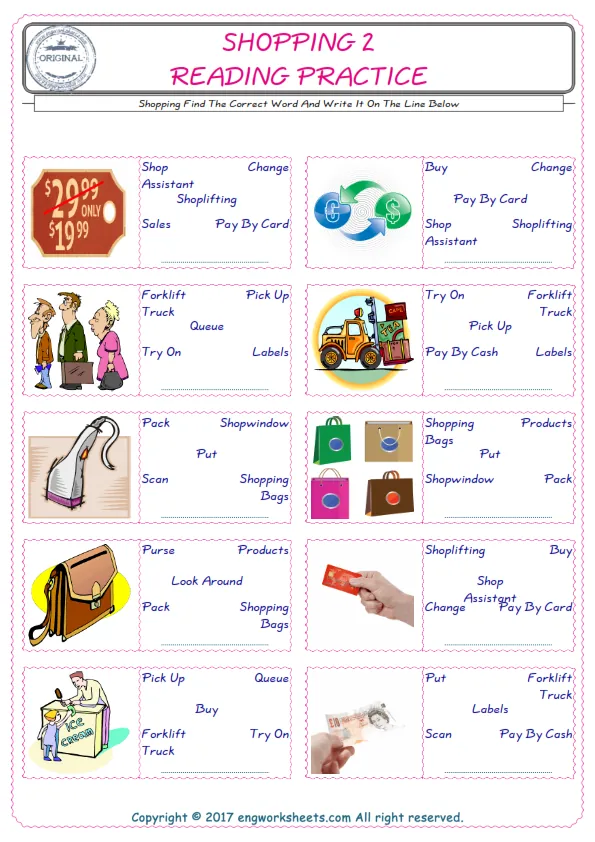 Check the picture of the Shopping for kids ESL worksheet for supplying the correct one among five words into the blank place. Worksheet Preview