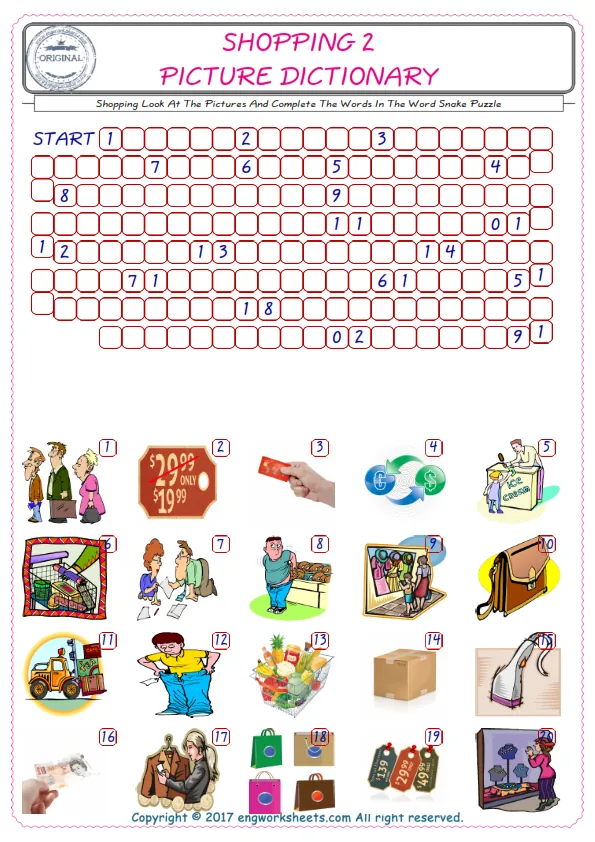 Check the Illustrations of Shopping english worksheets for kids, and Supply the Missing Words in the Word Snake Puzzle ESL play. Worksheet Preview