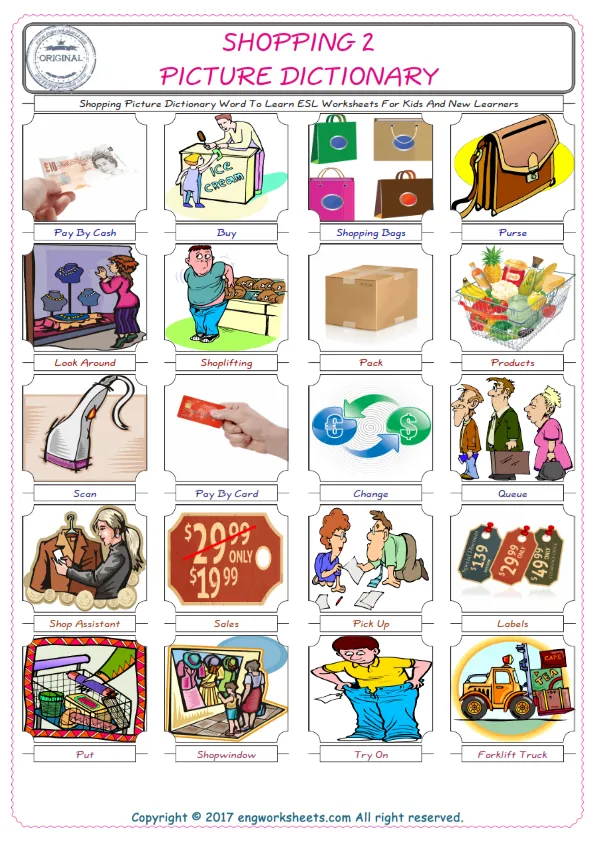 Shopping English Worksheet for Kids ESL Printable Picture Dictionary Worksheet Preview