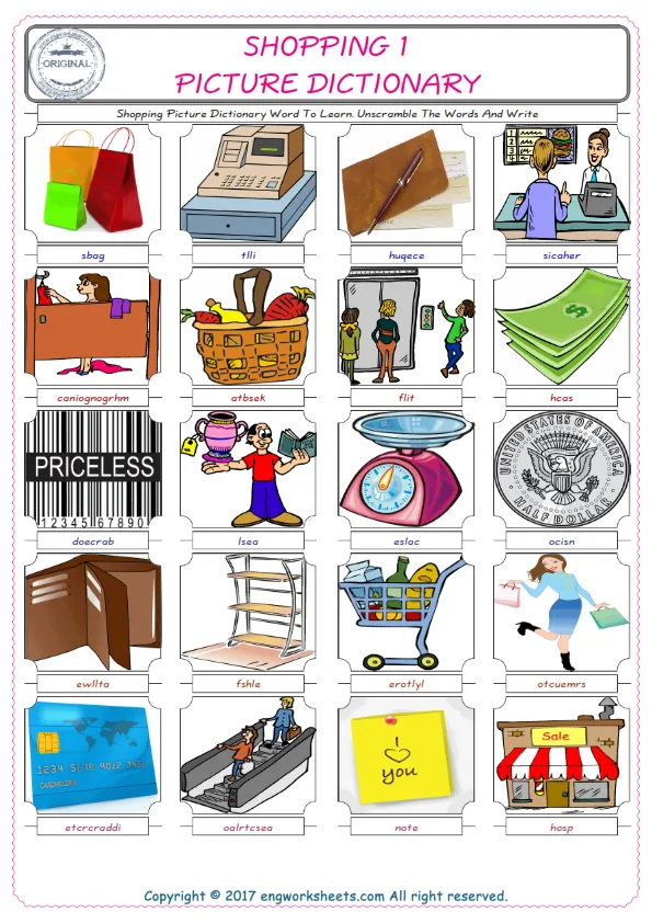 Shopping ESL Worksheets For kids, the exercise worksheet of finding the words given complexly and supplying the correct one.